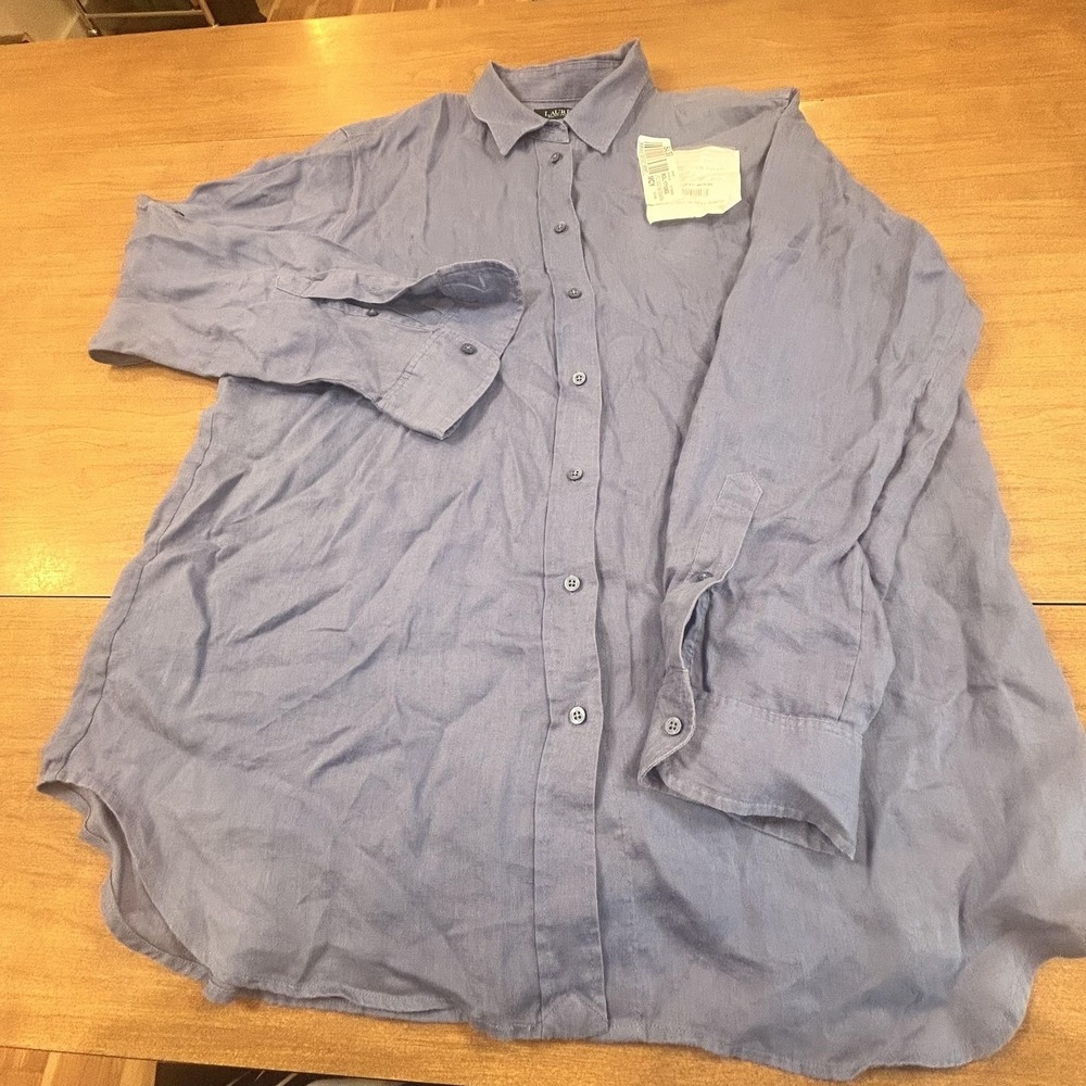 Lauren Ralph Lauren Tunic Shirt Womens XL Blue Linen Button Roll Tab Long Sleeve